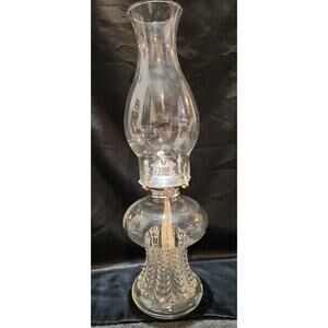 1985 clear glass oil lamp by Lamplight Farms textured base W/chimney 16.5" Tall